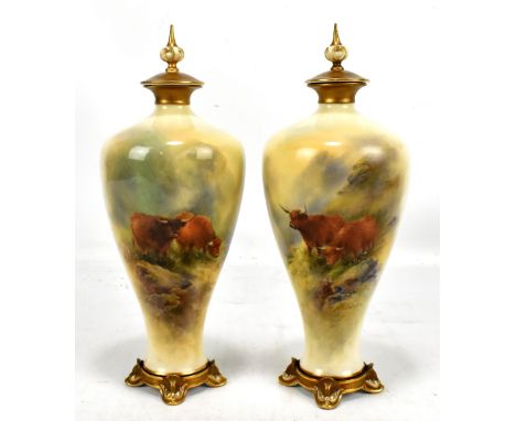 ROYAL WORCESTER; a pair of hand painted lidded urn vases by John Stinton, decorated with highland cattle in landscape scenes,