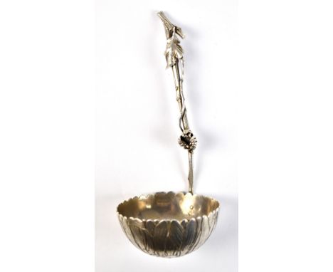 SADAJIRO MUSASHIYA; a Victorian hallmarked silver sifting spoon with bamboo type handle and floral bowl, imported from Japan,