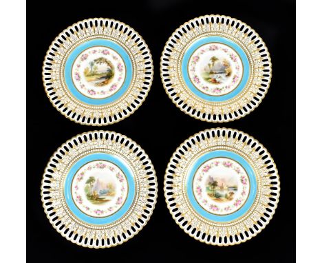 MINTON; a set of four cabinet plates with gilt heightened pierced rims and central circular landscape vignettes, probably pai