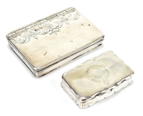 GEORGE UNITE; a late Victorian hallmarked silver snuff box of rounded rectangular form, Birmingham 1899, and a further white 