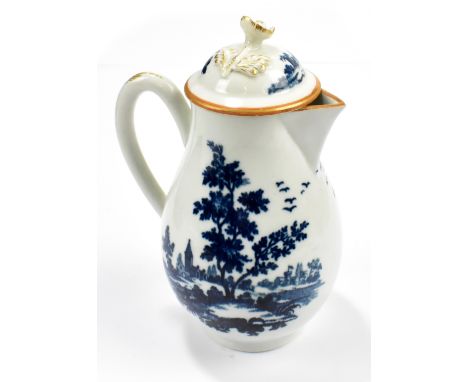 WORCESTER; an 18th century first period sparrow beak jug and cover, transfer decorated with European scenes, painted crescent