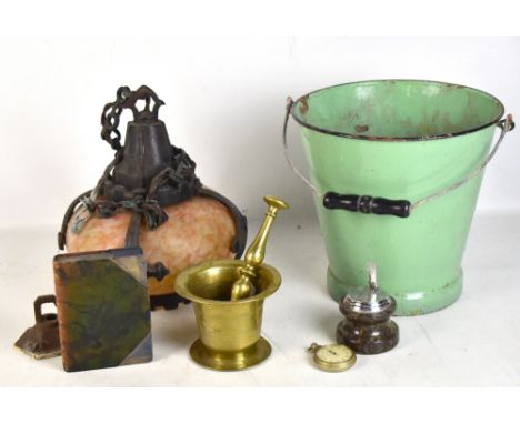 A mottled glass and iron framed Arts &amp; Crafts ceiling light, an enamelled bucket, pestle and mortar, flask, etc.