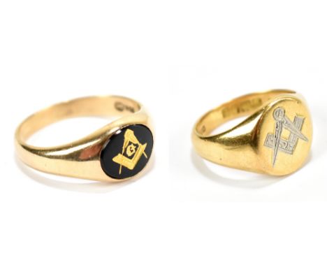 An 18ct yellow gold signet ring with engraved Masonic symbol, together with a 10ct yellow gold Masonic signet ring, approx 12