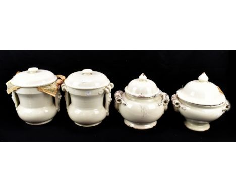 A pair of Italian white crackle glazed ceramic jars, height 22.5cm, also two lidded tureens stamped Leona Italia, height of b