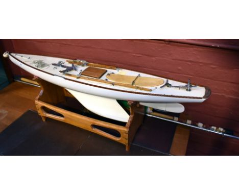 A large scratch built pond yacht entitled 'Irene LMYC' to plaque, with mast and sails, with lead keel, length approx 125cm, o
