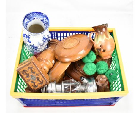 A mixed group of items to include treen, a Mason's blue and white transfer decorated vase, a battery powered lantern, etc.