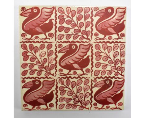 WILLIAM DE MORGAN; a rare lustre glazed square sectioned tile decorated with alternate panels of pelicans and foliage, 15 x 1