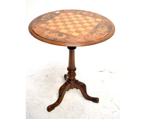 A Victorian burr walnut veneered inlaid chess top tripod table, diameter 53cm.