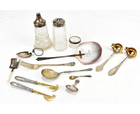 A mixed group of variously hallmarked silver, Continental silver and white metal items including enamelled fork and sifting s