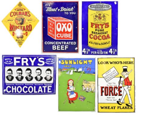 Six reproduction enamel advertising signs for Fry's, 53.5 x 35.5cm (x2), OXO, Sunlight Soap, Force Wheat Flakes and Colman's 