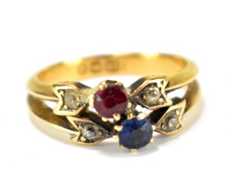 An 18ct gold sapphire and ruby jewelled ring, size M, approx 4.6g.