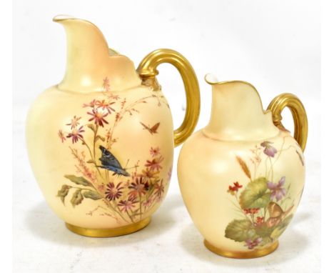 ROYAL WORCESTER; a blush ivory floral decorated jug with puce printed marks and another similar smaller example, both numbere