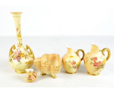 ROYAL WORCESTER; five pieces of blush ivory, to include two flat back jugs, twin handled bottle vase, etc (5).Additional Info