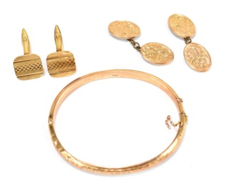 A 9ct gold snap bangle with chased decoration, also two pairs of 9ct gold cuff links, approx weight 18.8g.