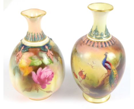 ROYAL WORCESTER; a hand painted floral decorated vase of squat form, height 10cm, together with a Hadley's Worcester vase, ha