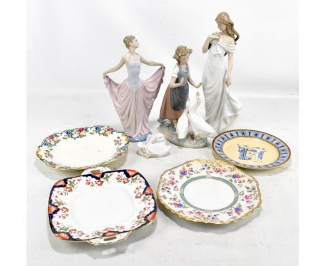 LLADRO; two figures including a dancing girl, height 31cm, also two Nao figures including a girl with geese, also four plates