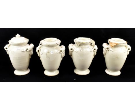 A pair of Italian white crackle glazed ceramic lidded jars, height 28cm, and another pair of lidded jars, height 28cm (4).