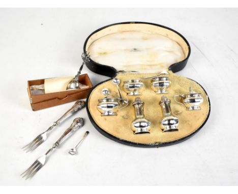 MAPPIN &amp; WEBB: a cased six piece cruet set, Birmingham 1922, two forks and a commemorative spoon, combined approx 5.9ozt.