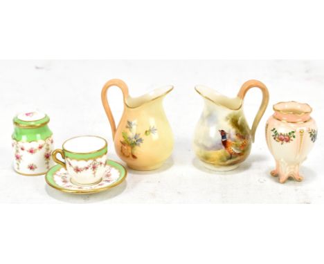 ROYAL WORCESTER; two miniature jugs, one painted with a pheasant by James Stinton, the second with floral sprays, both with g