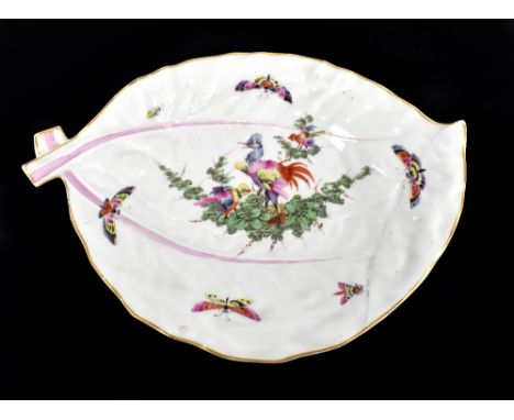 WORCESTER; an 18th century leaf shaped dish decorated with exotic birds and butterflies, unmarked, length 26cm.Provenance: fr