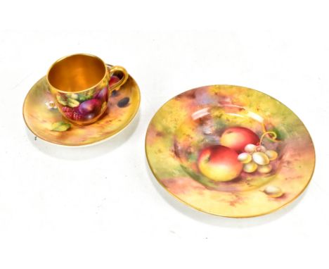 ROYAL WORCESTER; a matched fruit painted tea cup, saucer and side plate (af), cup and saucer signed AG Moseley and plate sign