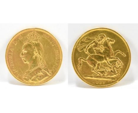 A Victorian £2 or double sovereign, 1887, approx 15.7g.Additional InformationThere are acid test marks to the rim, further ap