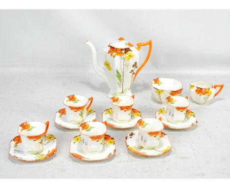 SHELLEY; an Art Deco design floral decorated part coffee set comprising coffee pot, bowl, jug, six cups and six saucers, patt