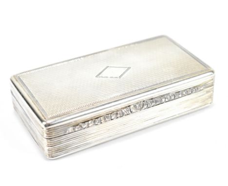 An early Victorian hallmarked silver snuff box of rectangular form, with engine turned detail and foliate scroll decoration t