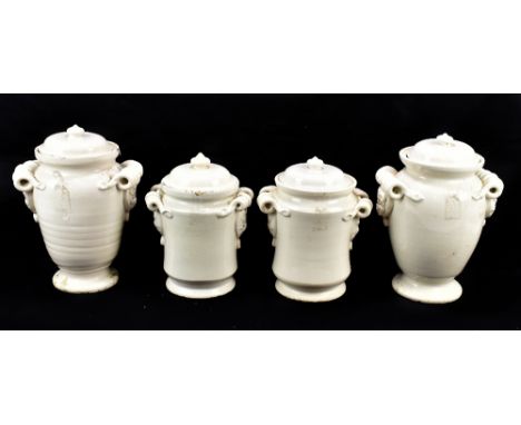 A pair of Italian white crackle glazed ceramic lidded jars, height 27cm, and a smaller pair of jars with covers, height 23cm 