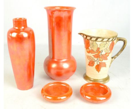 MOORCROFT; a pair of orange squat bowls, with impressed marks to base, diameter 11cm, also two Ruskin vases, with impressed m