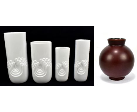 COPENHAGEN; a brown glazed vase of bulbous form, height 17cm, also four Thomas of Germany ceramic vases (5).