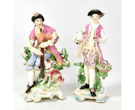 Two late 18th century Derby figures, one playing bagpipes, and the other with a basket of flowers, height 18cm, both with imp