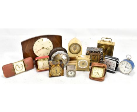 A collection of assorted clocks and clock parts, including Art Deco marble example, alabaster lantern clock, etc.