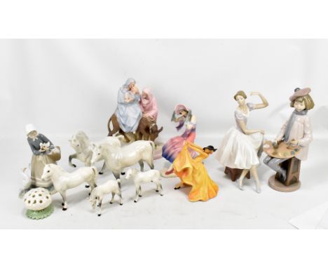 A 19th century Robinson and Leadbeater Parian ware figure group, Lladro figure of a ballroom dancer, Nao figure of an artist,