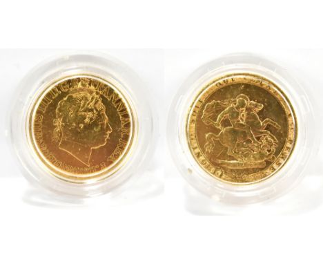 A George III full sovereign, 1820 (appears ex-mount), approx 7.7g.Additional InformationNumerous contact marks and damage to 
