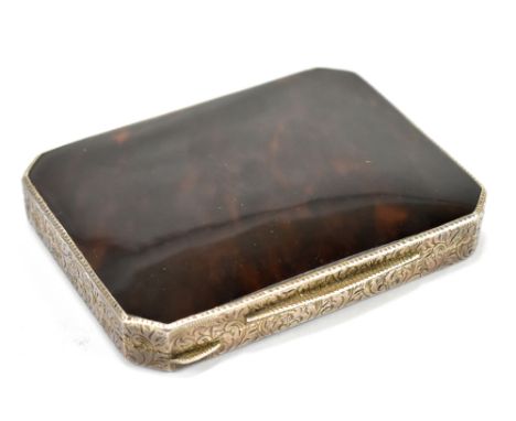A mid-19th century Continental tortoiseshell and white metal mounted snuff box of rectangular form, with canted corners and f