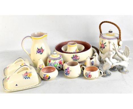 A quantity of Poole Pottery, also five Lladro birds and a Nao bird.