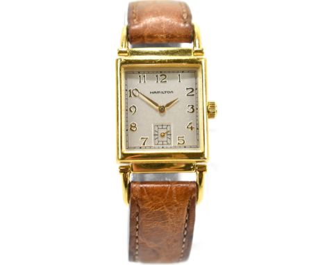 HAMILTON; a gold plated Wilshire wristwatch, the square dial set with Arabic numerals and subsidiary seconds dial, diameter o