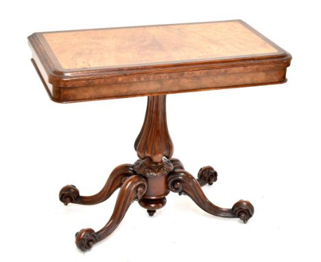 A 19th century walnut, burr walnut and mahogany crossbanded card table with replaced green baize surface on shaped column to 