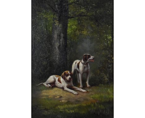 CAMILLE BENOIT (French, 1820-1882); oil on panel, two French hounds in woodlands, signed and dated '75 lower left, 22.5 x 15c