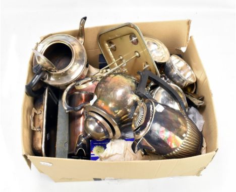 A mixed group of electroplated items including tea and coffee pots, flatware, candlestick, etc.