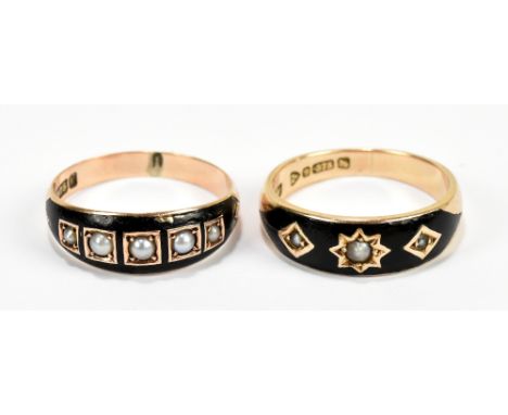 Two late 19th/early 20th century 9ct yellow gold and black enamel mourning rings, both set with three cultured freshwater see