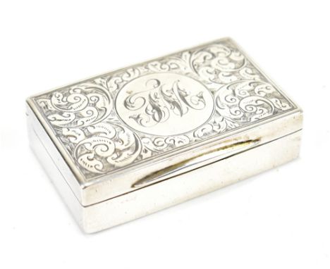 GEORGE UNITE; a Victorian hallmarked silver snuff box of rectangular form, with foliate engraved scrolls and central circular