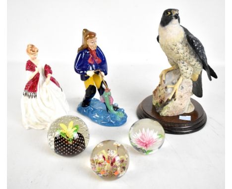 BORDER FINE ARTS; a figure of a peregrine falcon, a Royal Worcester figure, a glass figure of a fisherman and three glass pap
