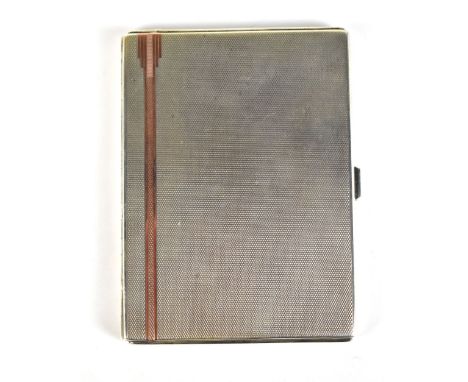 WILLIAM NEALE LTD; a George V hallmarked silver Art Deco rectangular engine turned cigarette case, inscribed to interior ''Je