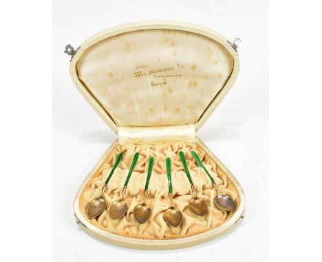 A cased set of six Norwegian .930 silver gilt and green guilloche enamelled spoons, box inscribed 'M Hammer Torvalmenning Ber