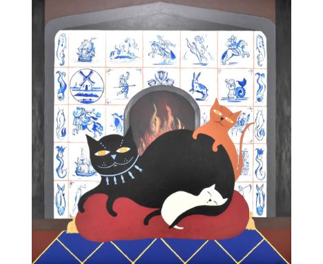 NICOLA WARD TONKINSON; oil on canvas, three cats in front of Delft ceramic tiles, 70 x 69cm, framed. (D)Additional Informatio