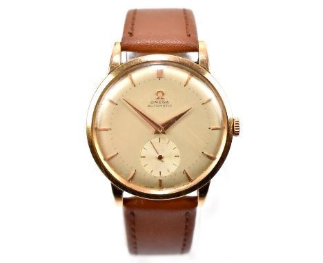 OMEGA; a gentleman's 18ct yellow gold cased automatic wristwatch, the silvered dial set with baton numerals and subsidiary se