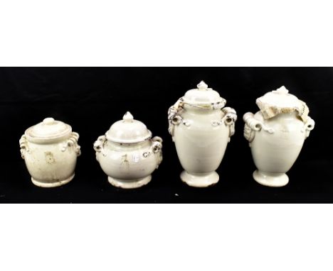 A pair of Italian white crackle glazed ceramic lidded jars, height 29cm, also a lidded tureen stamped Leona Italia, and anoth