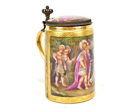 ROYAL VIENNA; a late 19th/early 20th century porcelain tankard painted with classical scenes to lid and body with further gil